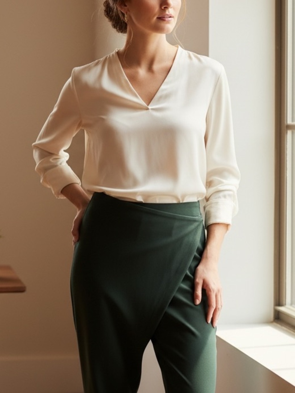 RUTI Olive Crepe Campbell Drape Pants Front Drape Straight Leg Style Size 3 (L) - Picture 3 of 14
